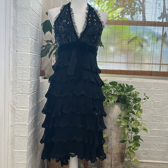 VINTAGE CACHE LUXE Black Silk Sequin Beaded Tier Ruffle Halter Cocktail Dress 4 - Picture 6 of 13